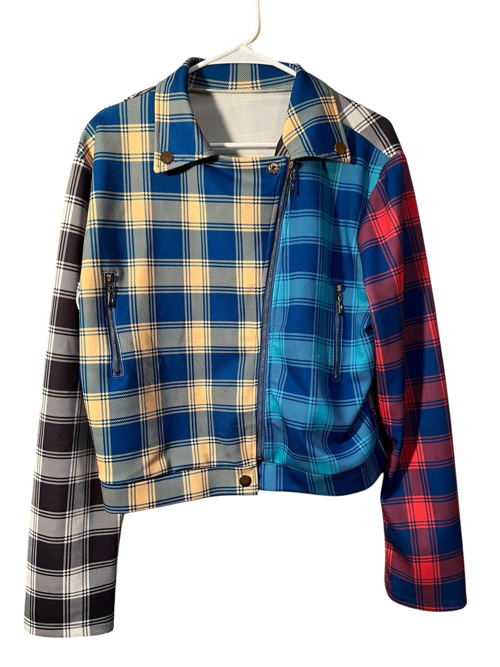 Women’s Plus Size 4XL Jacket Full Asymmetric Zip Multicolor Plaid Blue Red Black